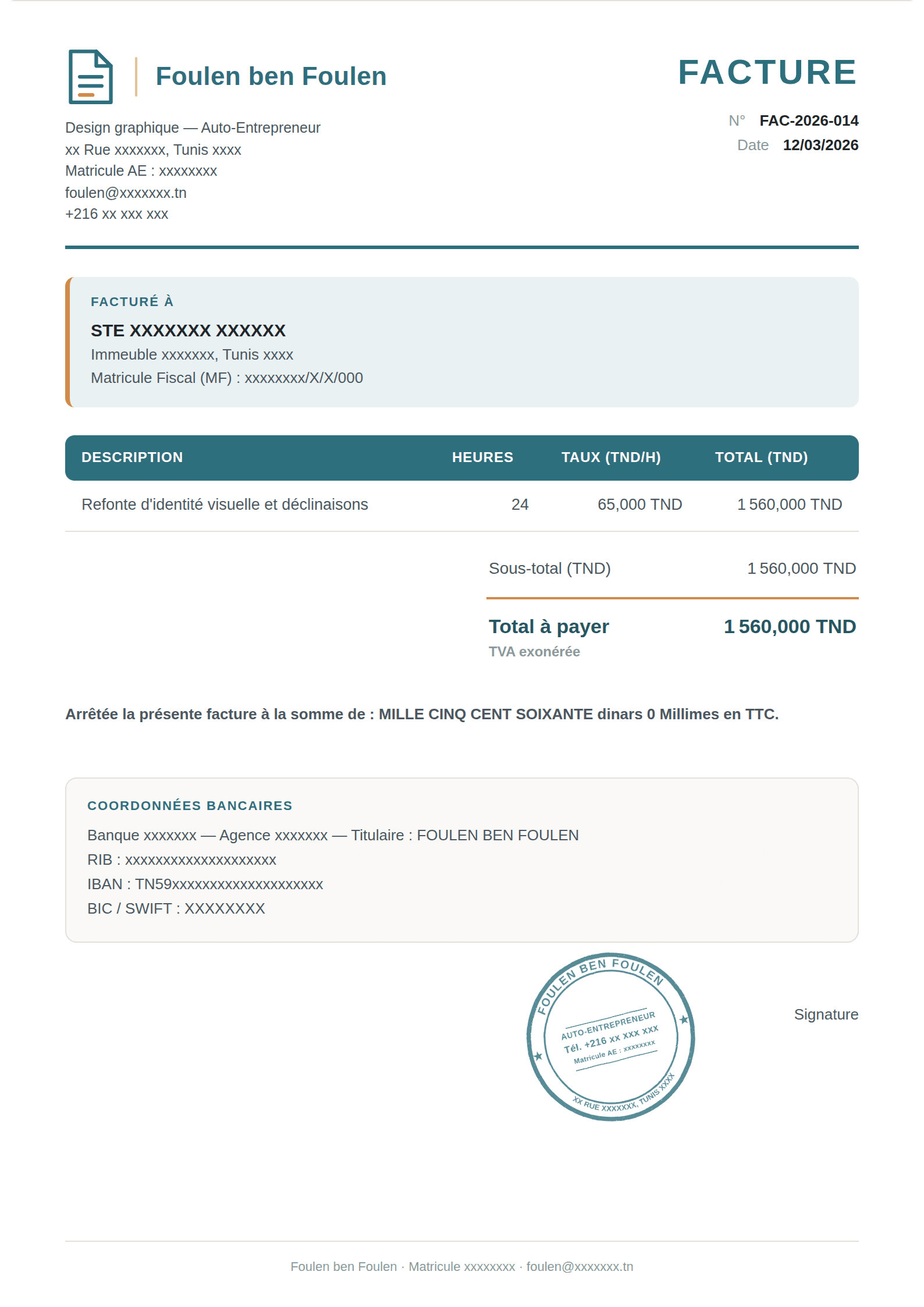 Facture Invoisy au format A4 : coordonnées de l’émetteur, client, ligne de prestation, total en dinars et cachet.